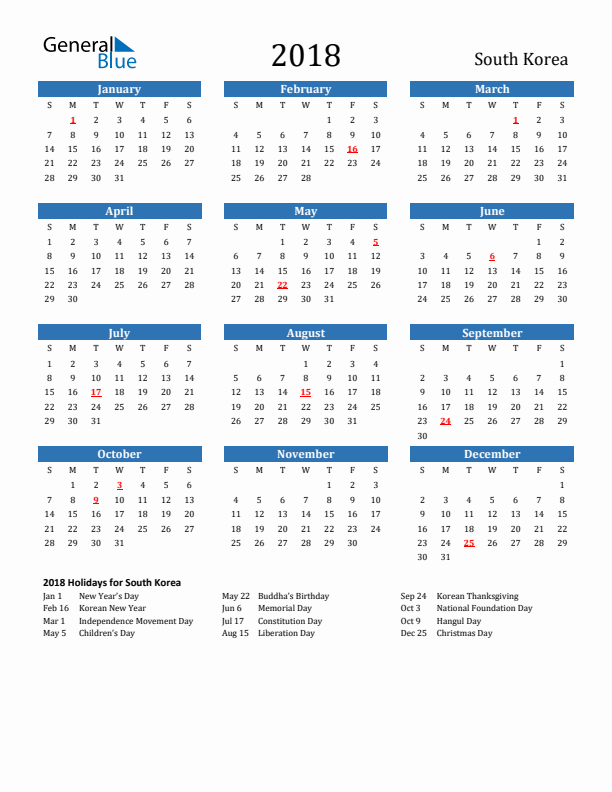 South Korea 2018 Calendar with Holidays
