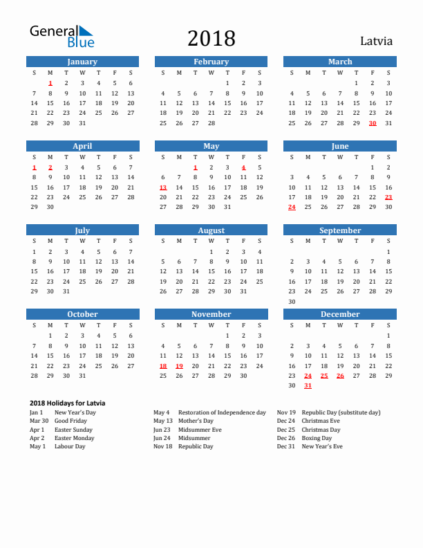 Latvia 2018 Calendar with Holidays