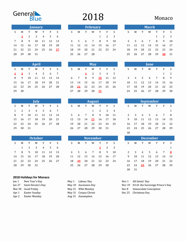 Monaco 2018 Calendar with Holidays