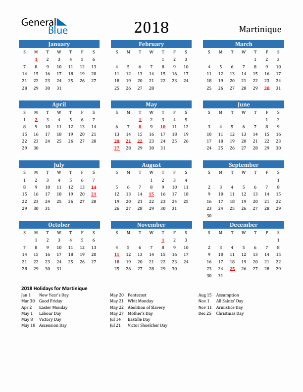 Martinique 2018 Calendar with Holidays