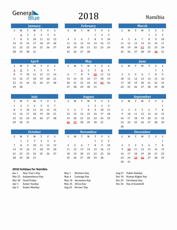 Namibia 2018 Calendar with Holidays