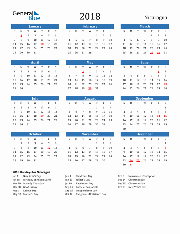 Nicaragua 2018 Calendar with Holidays