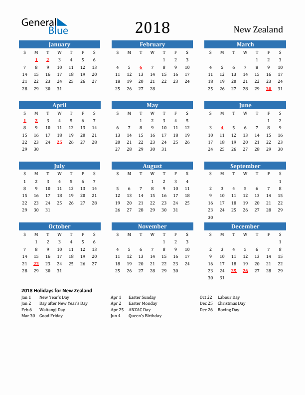 New Zealand 2018 Calendar with Holidays