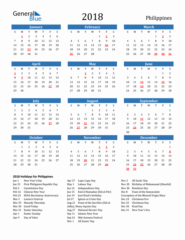 Philippines 2018 Calendar with Holidays