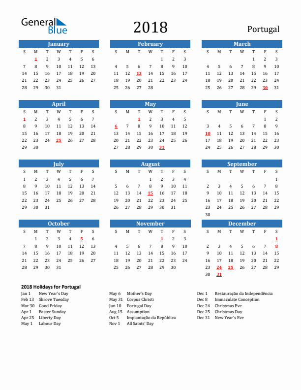 Portugal 2018 Calendar with Holidays