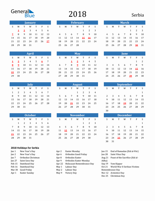 Serbia 2018 Calendar with Holidays