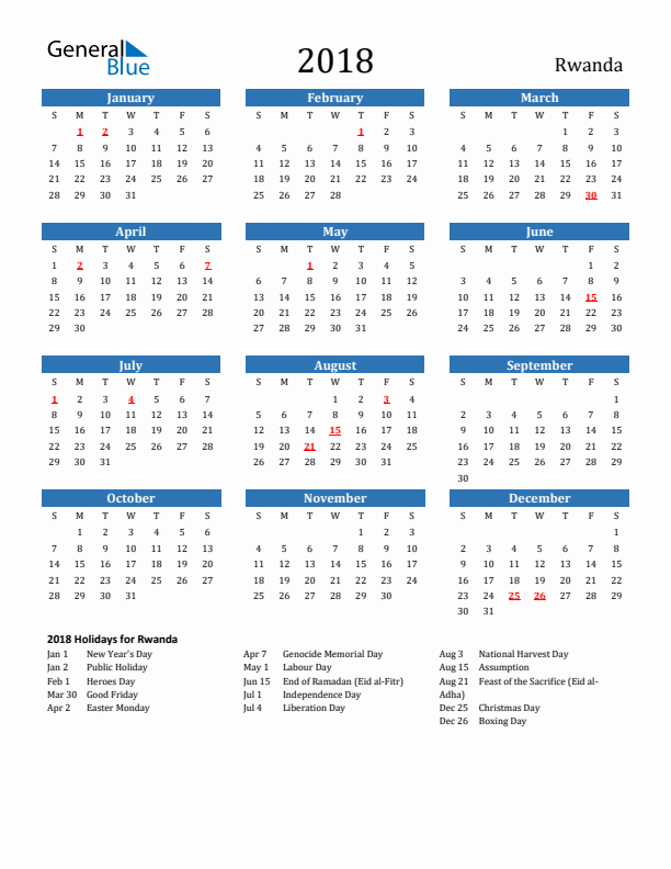 Rwanda 2018 Calendar with Holidays