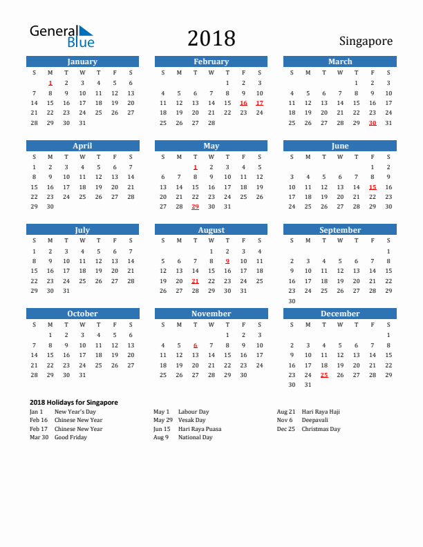 Singapore 2018 Calendar with Holidays