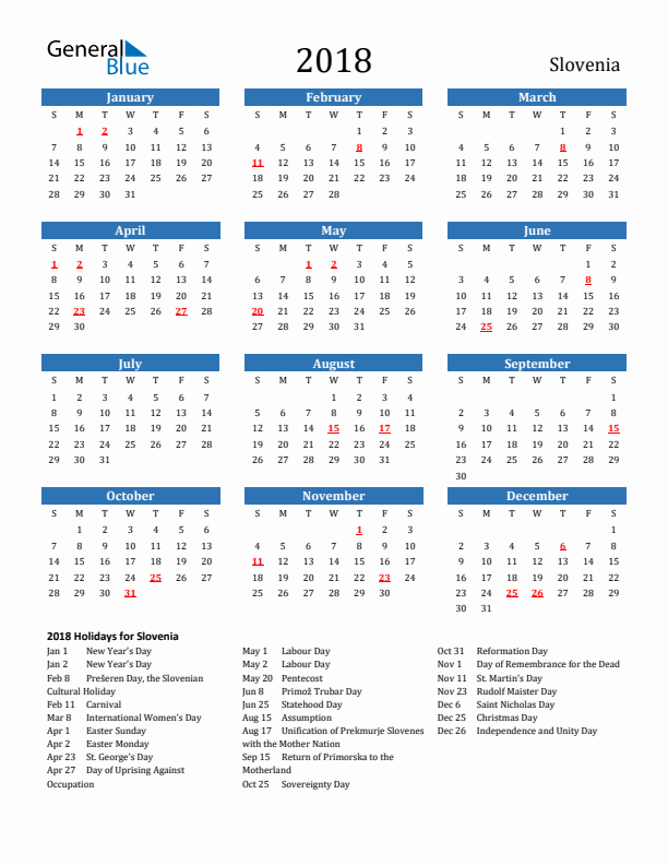 Slovenia 2018 Calendar with Holidays