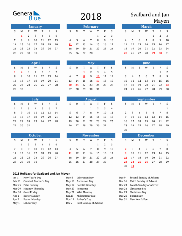 Svalbard and Jan Mayen 2018 Calendar with Holidays