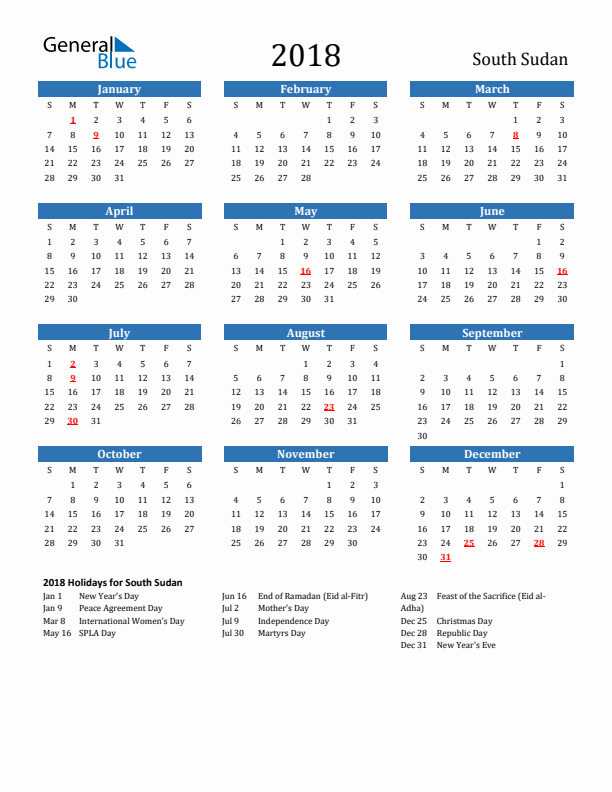 South Sudan 2018 Calendar with Holidays