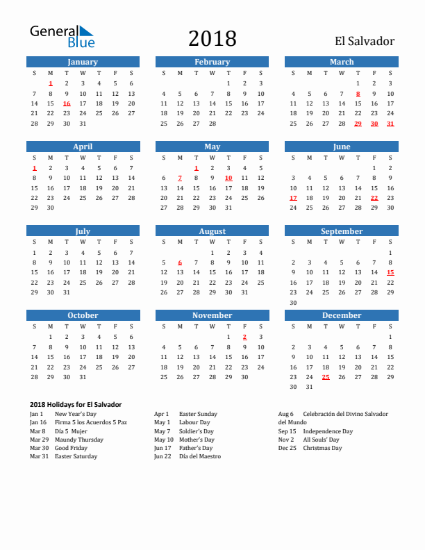 El Salvador 2018 Calendar with Holidays