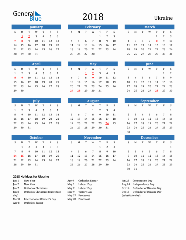 Ukraine 2018 Calendar with Holidays