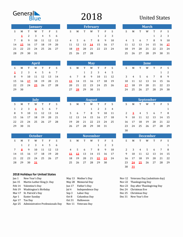 United States 2018 Calendar with Holidays