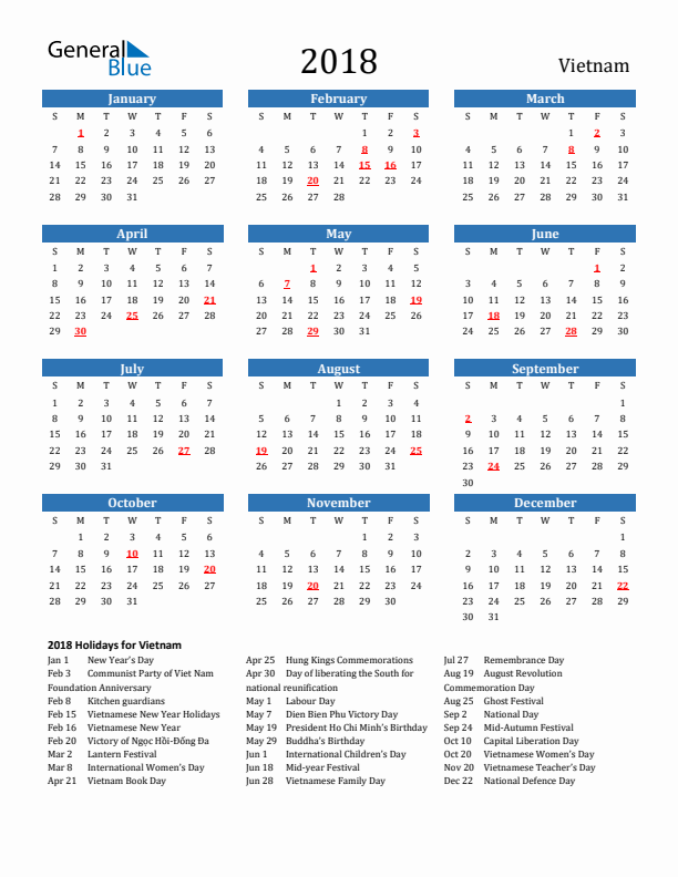 Vietnam 2018 Calendar with Holidays