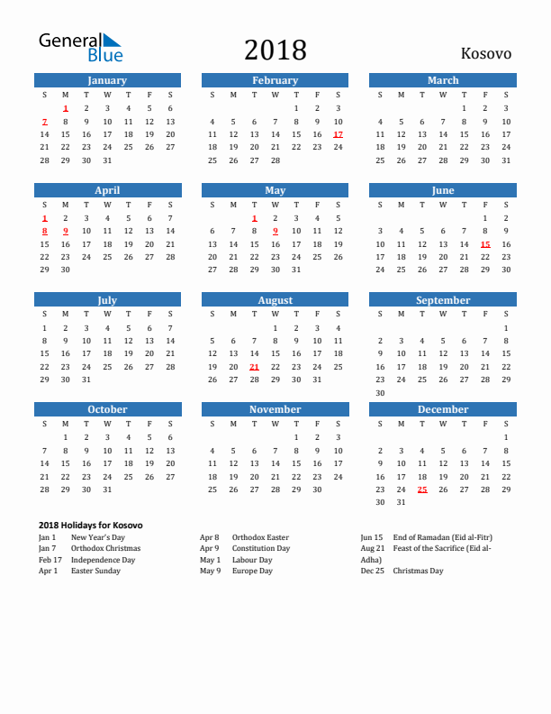 Kosovo 2018 Calendar with Holidays