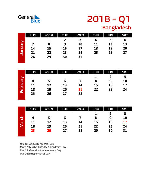  Q1 2018 Calendar with Holidays