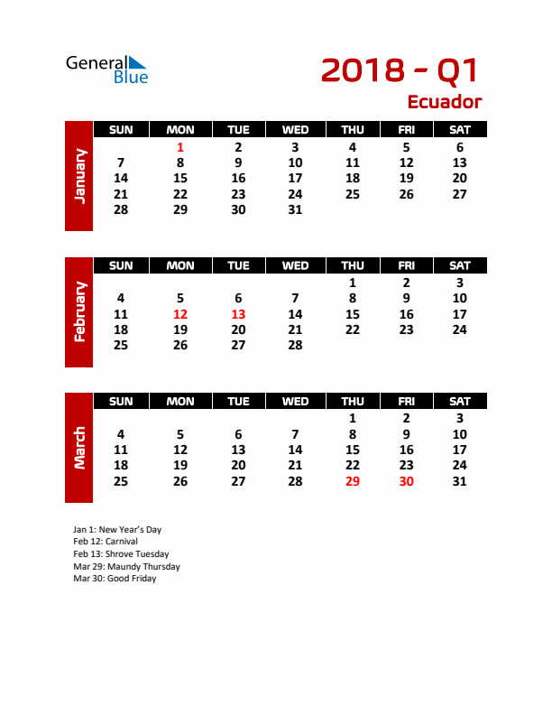 Q1 2018 Calendar with Holidays