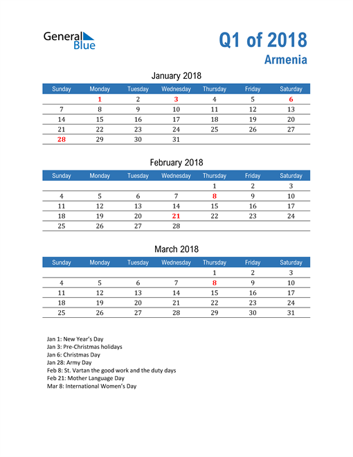  Armenia 2018 Quarterly Calendar 