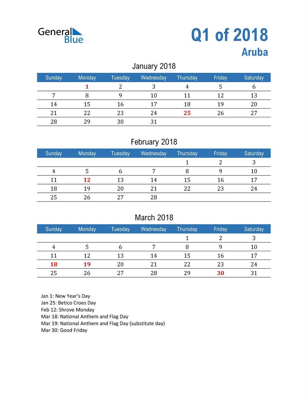  Aruba 2018 Quarterly Calendar 
