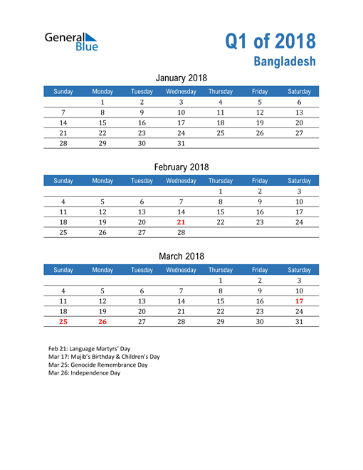  Bangladesh 2018 Quarterly Calendar 