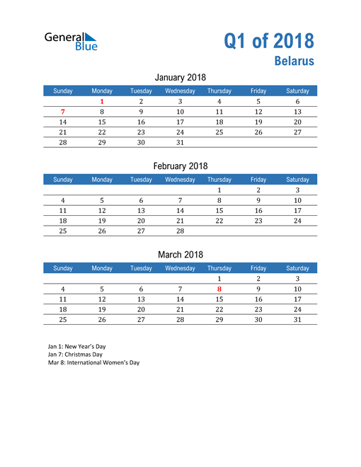  Belarus 2018 Quarterly Calendar 
