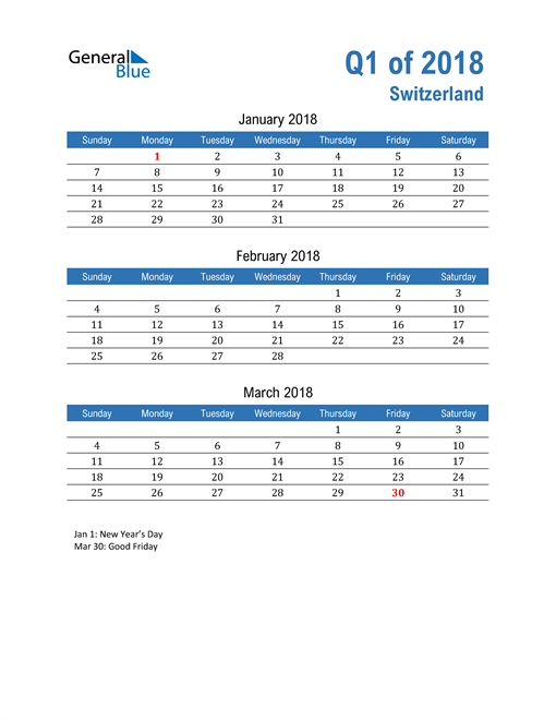  Switzerland 2018 Quarterly Calendar 