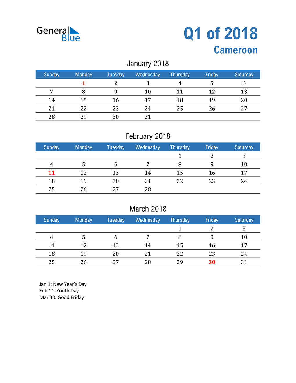  Cameroon 2018 Quarterly Calendar 