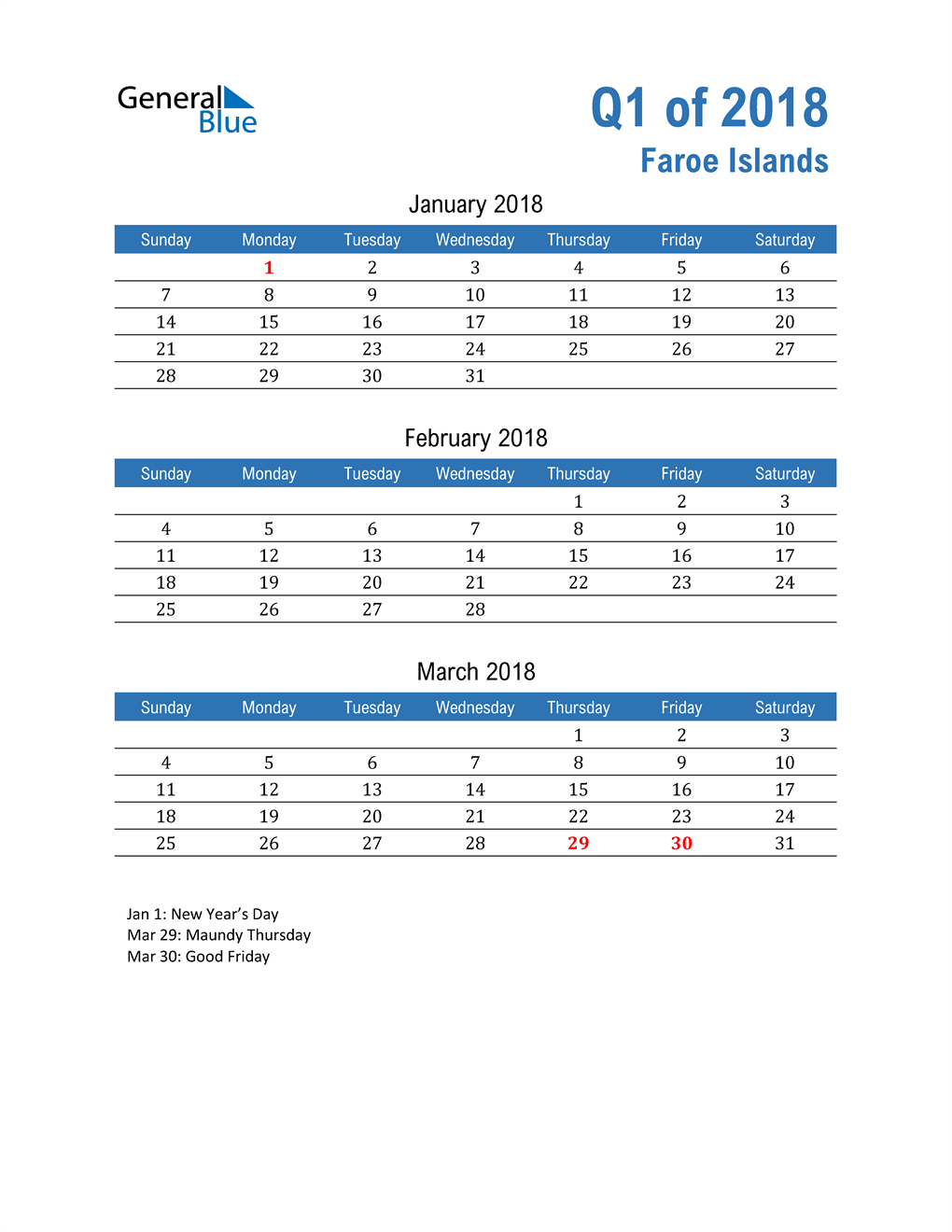  Faroe Islands 2018 Quarterly Calendar 