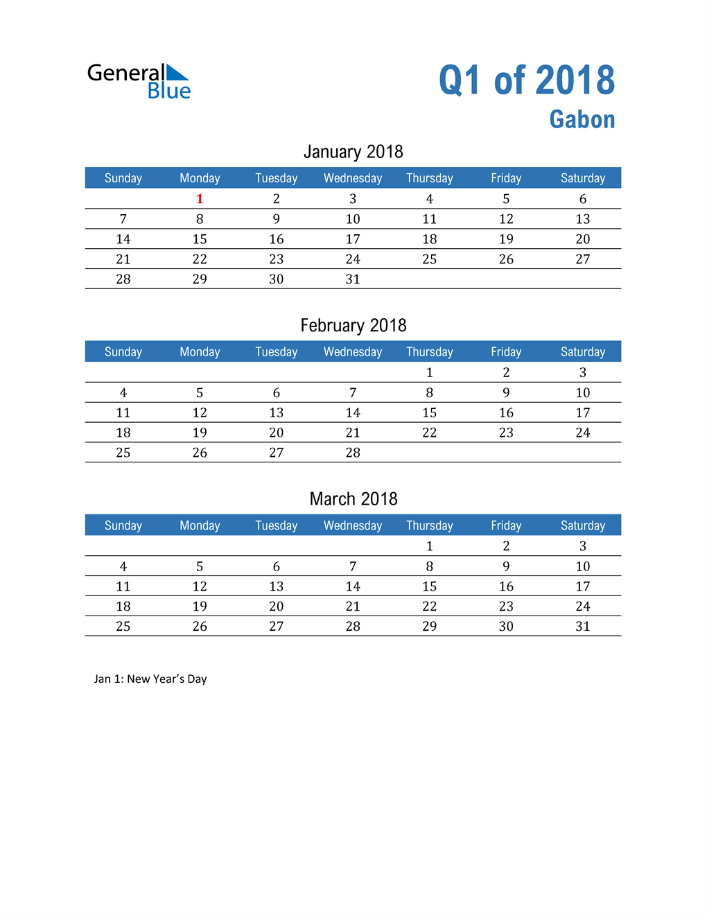  Gabon 2018 Quarterly Calendar 