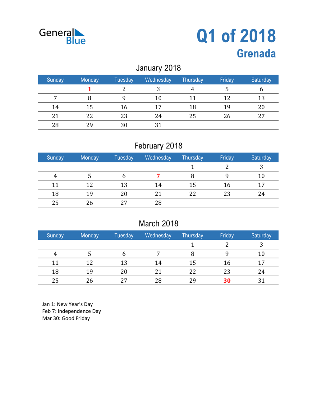  Grenada 2018 Quarterly Calendar 