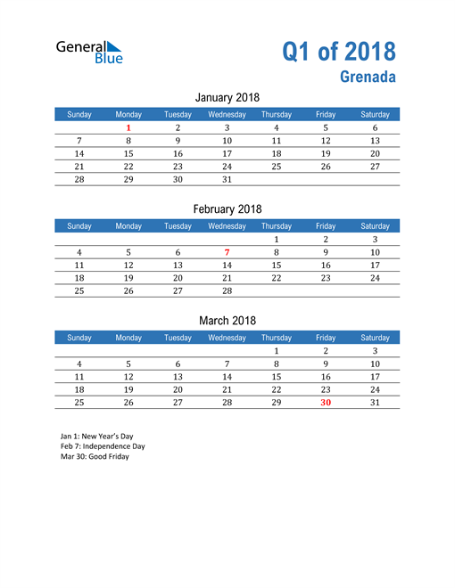  Grenada 2018 Quarterly Calendar 