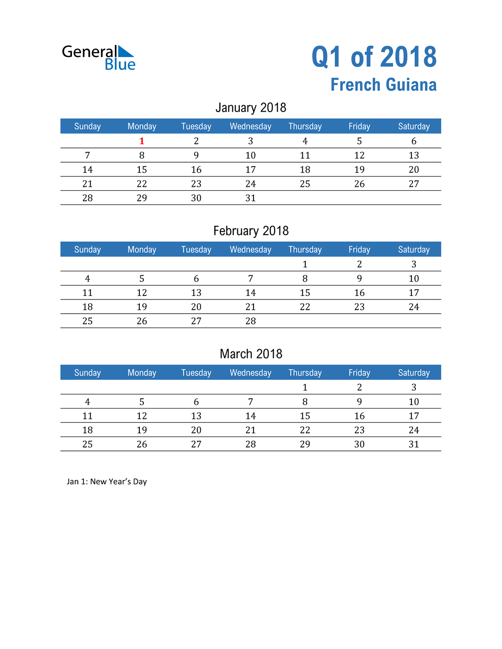  French Guiana 2018 Quarterly Calendar 
