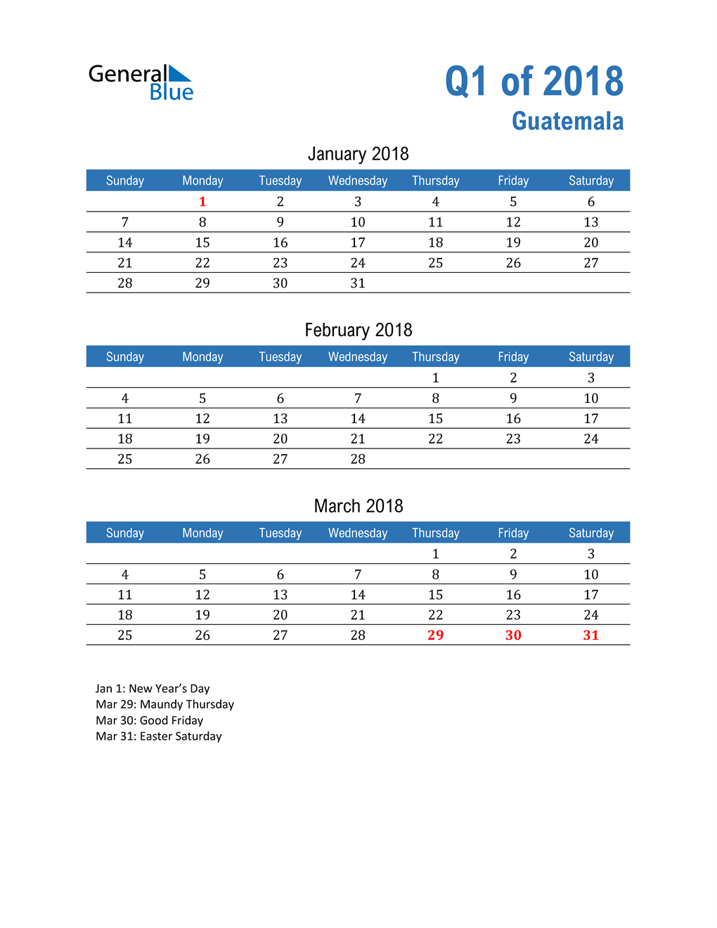  Guatemala 2018 Quarterly Calendar 