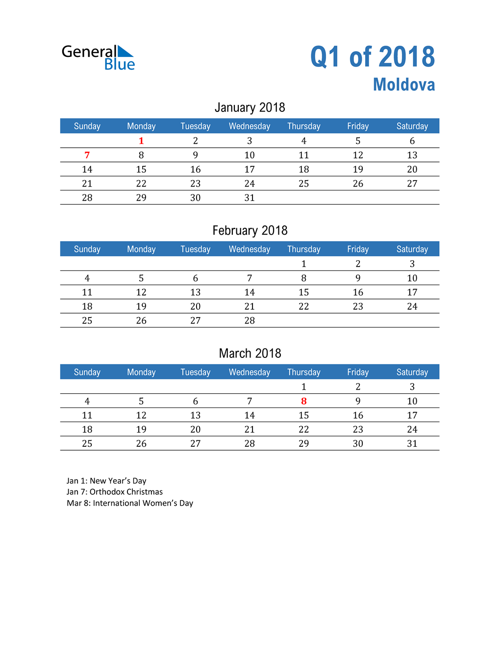  Moldova 2018 Quarterly Calendar 
