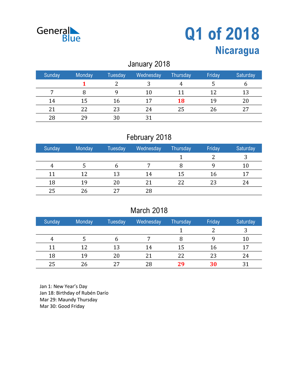  Nicaragua 2018 Quarterly Calendar 