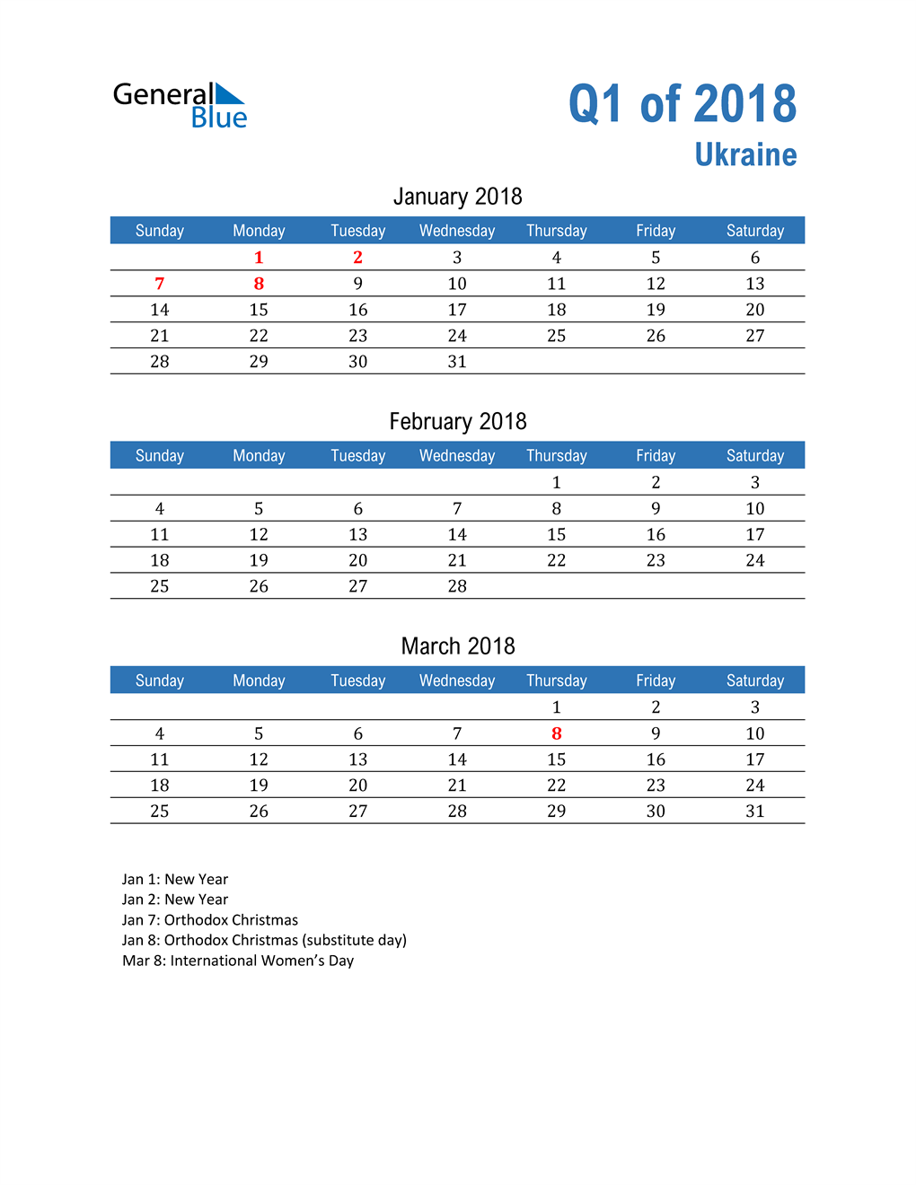  Ukraine 2018 Quarterly Calendar 