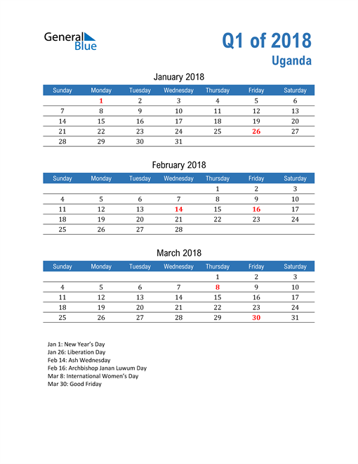  Uganda 2018 Quarterly Calendar 