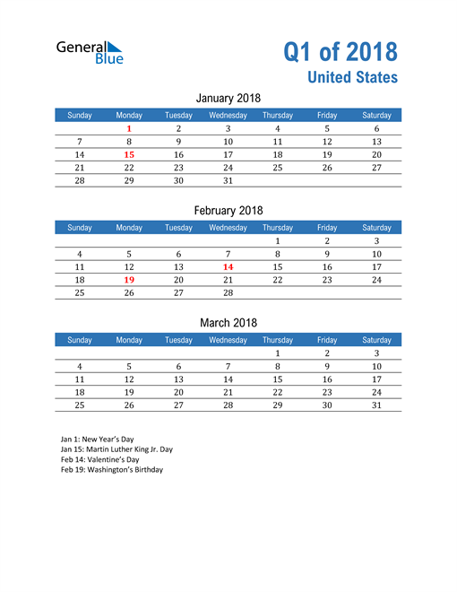 United States 2018 Quarterly Calendar 
