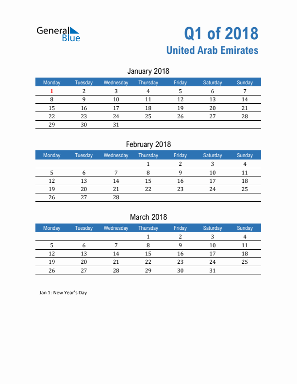 United Arab Emirates 2018 Quarterly Calendar with Monday Start