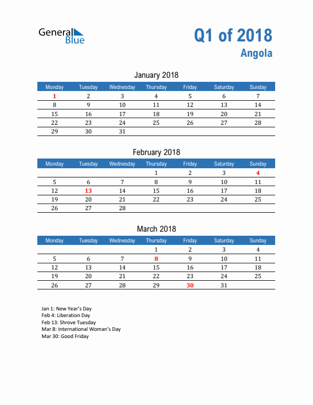 Angola 2018 Quarterly Calendar with Monday Start