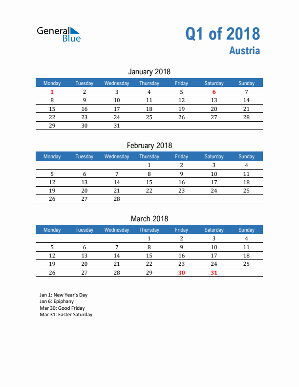 Austria 2018 Quarterly Calendar with Monday Start