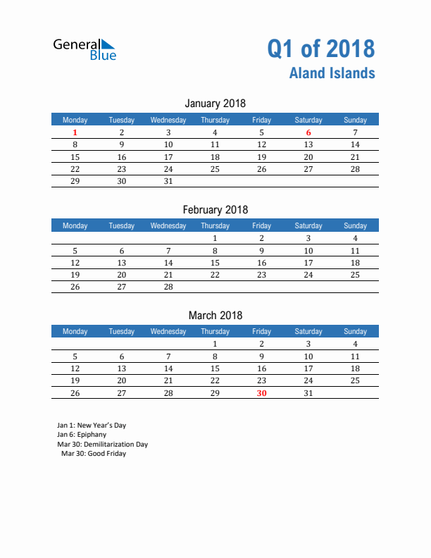 Aland Islands 2018 Quarterly Calendar with Monday Start