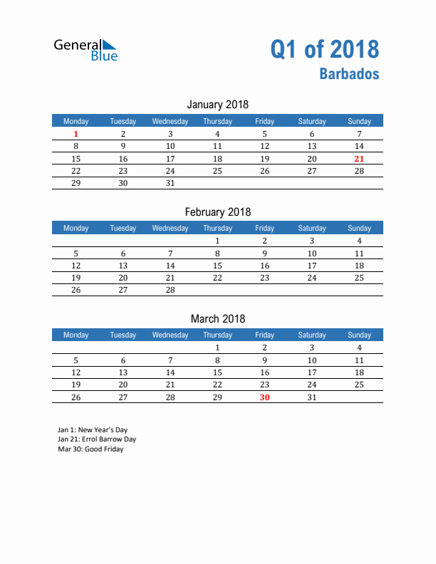 Barbados 2018 Quarterly Calendar with Monday Start