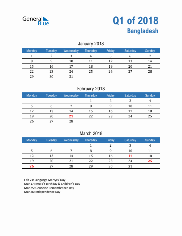 Bangladesh 2018 Quarterly Calendar with Monday Start
