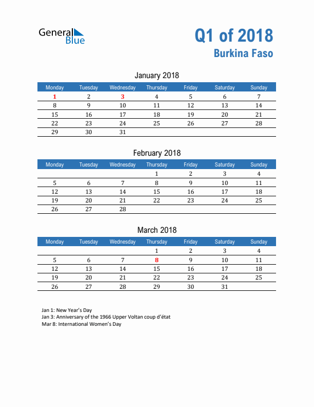 Burkina Faso 2018 Quarterly Calendar with Monday Start