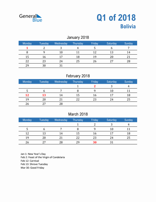 Bolivia 2018 Quarterly Calendar with Monday Start