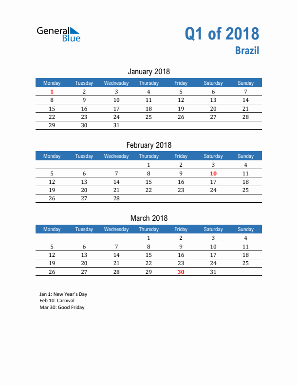 Brazil 2018 Quarterly Calendar with Monday Start