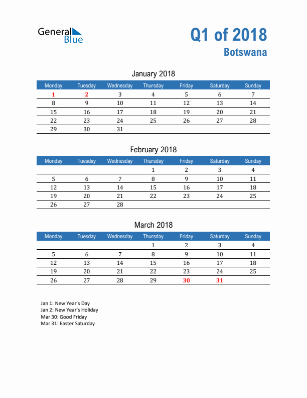 Botswana 2018 Quarterly Calendar with Monday Start