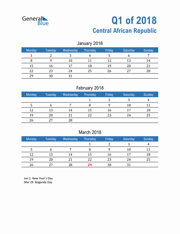 Central African Republic 2018 Quarterly Calendar with Monday Start